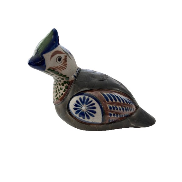 Mexican Folk Art Bird Figurine Armored Brass & Ceramic 6" Hand Painted Vtg. - Picture 1 of 7